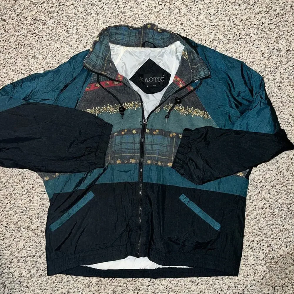 Vintage 90s Kaotic Green‎ Flower Print Windbreaker Unisex Size Large